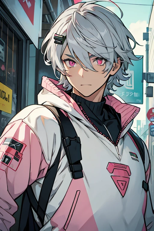 robot man, Grey hair, con hair clips, pink eyes, White sweater, cheerful