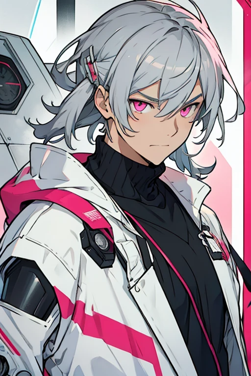 robot man, Grey hair, con hair clips, pink eyes, White sweater, cheerful