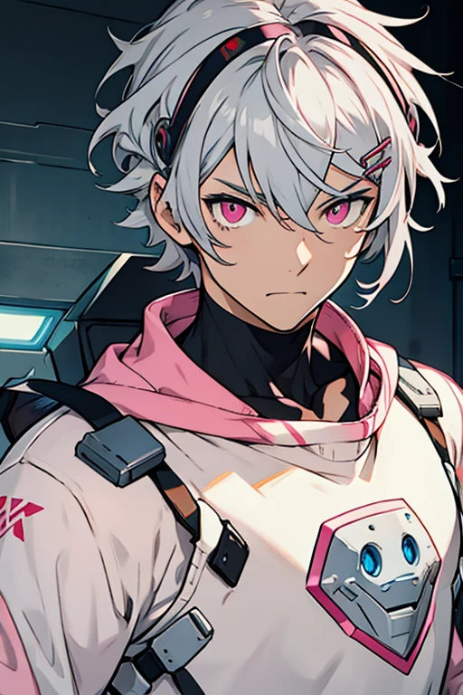 robot man, Grey hair, con hair clips, pink eyes, White sweater, cheerful