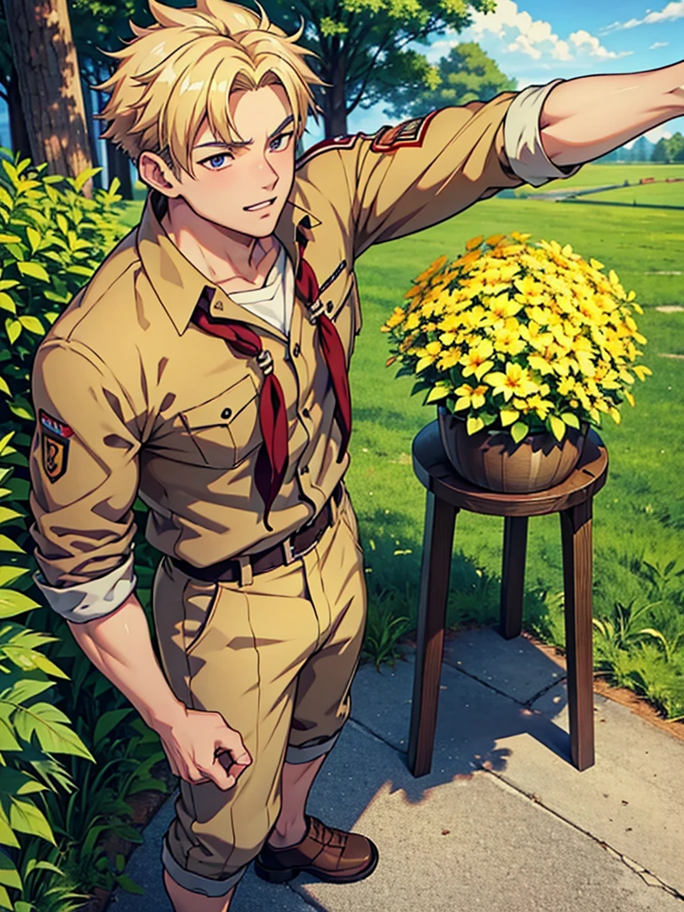 (masterpiece, 4K, ultra detailed), Yoshinori Nagira, scoutmaster, blonde hair, masculine, smooth lining, simple coloring, noon, outside, camp, scoutmaster uniform, muscular, eight-pack, lean, anime