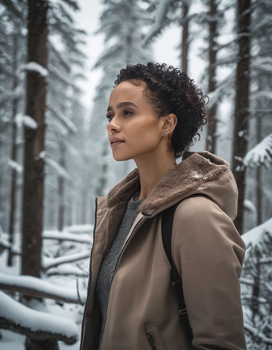 ((nthlemmnlmssdr woman)), winter forest, natural skin texture, 24mm, 4k textures, soft cinematic light, adobe lightroom, photolab, hdr, intricate, elegant, highly detailed, sharp focus, cinematic look, soothing tones, insane details, intricate details, hyperdetailed, low contrast, soft cinematic light, dim colors, exposure blend, hdr, faded  