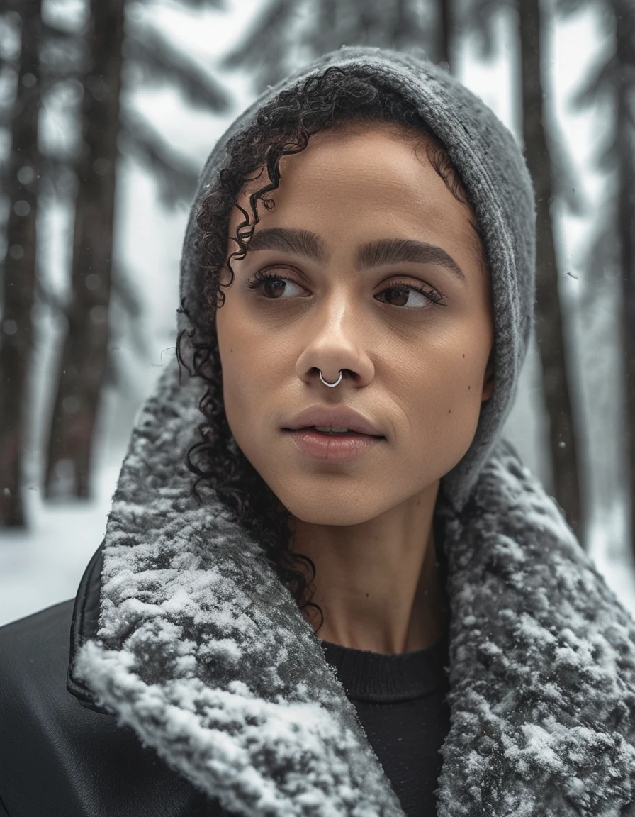 ((nthlemmnlmssdr woman)), winter forest, natural skin texture, 24mm, 4k textures, soft cinematic light, adobe lightroom, photolab, hdr, intricate, elegant, highly detailed, sharp focus, cinematic look, soothing tones, insane details, intricate details, hyperdetailed, low contrast, soft cinematic light, dim colors, exposure blend, hdr, faded  