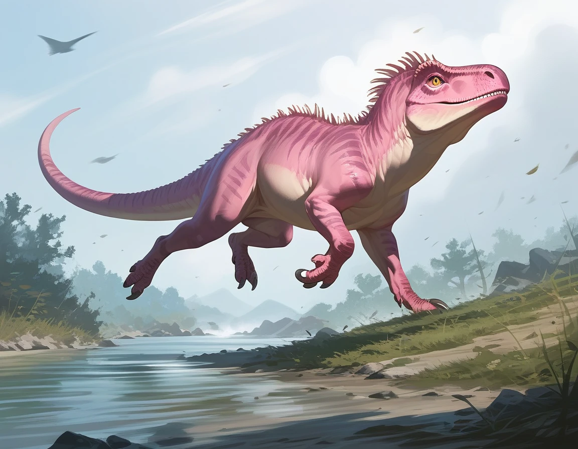 score_9, score_8_up, score_7_up, source_anime, detailed, 8k, cinematic angle, rating safe, wide shot, A pink Dinosaur is running in wild,