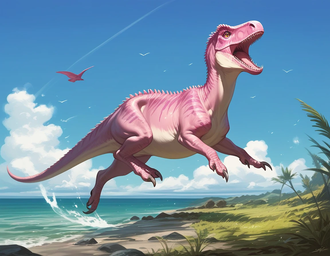 score_9, score_8_up, score_7_up, source_anime, detailed, 8k, cinematic angle, rating safe, wide shot, A pink Dinosaur is running in wild,
