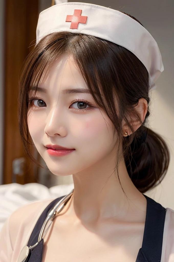 (masterpiece:1.3), high resolution, ultra detailed, extremely detailed CG unity 8k wallpaper, realistic, photo-realistic, RAW photo, beautiful detailed face, pale skin, realistic glistening skin, detailed cloth texture, detailed hair texture, Perfect body, Beautiful Face, accurate, Anatomically correct, Highly detailed face and skin texture, natural neck length, (beautiful hands), (fair skin:1.1), (well-aligned teeth:1.1), (Sweaty skin:1.2),
BREAK,
Detailed eyes, symmetric eyes, Light Brown eyes, Double eyelids, Thin eyebrows, (Glossy lips:1.4), ((A face with waiting for a kiss:1.2)), (blush:1.1), (A sparkling small hair accessory:1.1), (beautiful smile:1.1)
BREAK,
(A classy and Cute nurse:1.3), (nude, nsfw, nipple:1.4),
BREAK,
medium large breasts, slender figure, firm abs,
((ponytail, Dark blonde hair, wavy hair, long hair, asymmetric bangs:1.2)), (cowboy shot:1.2), (looking at viewer), cowboy shot, From above,
BREAK,
(((standing at hospital:1.3))), wearing nurse cap