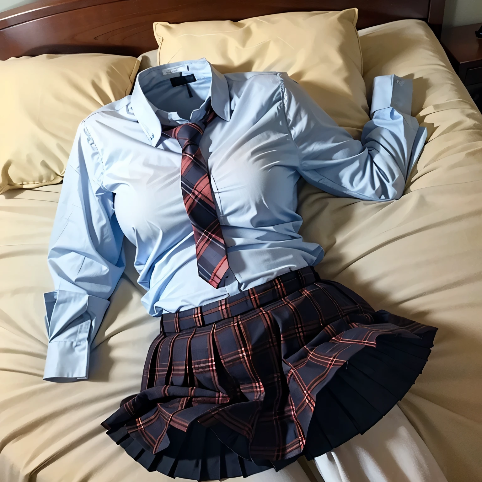 on bed, school blouse laid on bed, stripe tie, plaid skirt, fat, (invisible, no human, headless, handless:1.5)