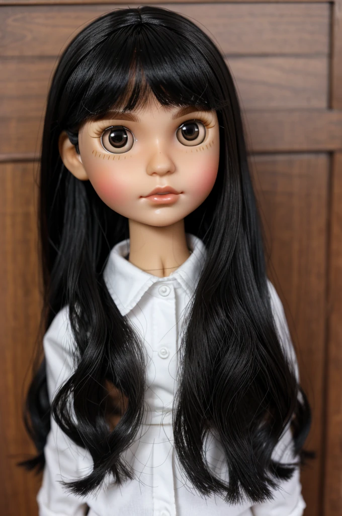 blythe doll mole above the lip on the right side, black hair with the hair parting a little to the right, black hair  