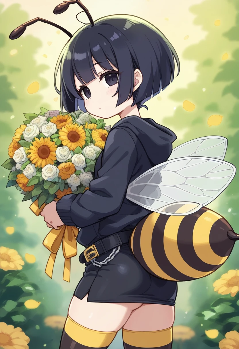 score_9, score_7_up, score_6_up, 1girl, source_cartoon, source_anime,breathtalking Scenery,watercolor,smooth soft skin, natural skin,anime screencap,mjm,rating_questionable,
BREAK
1girl,(hornet girl:1.3), bee girl,(little female child:1.3), (loli:1.3),6 yo, kawaii,baby face,small breast, cute face,oily skin,(Phat ass:0.6)
BREAK
(black lob hair:1.4),(black bob cut:1.3),(yellow gradient hair:1.2),(yellow dip-dye hair:1.1),ahoge,highlight on eyes,(nail_polish:1.1), beautiful eyes, detailed eyes, puffy eyes,black eyes,
BREAK
(bee antennae:1.3), (PVC material Extremely small bee wings:1.1), (bee wings:1.1),symmetry bee wings,
BREAK
belt buckle,black jacket, zip up, (pencil Skirt:1.1),(yellow striped black stockings:1.3),pierce,chain accessory,punk rock, croped shirt
BREAK
looking up,upturned eyes,flowerbackground,flowergarden,flower bouquet, (digits behind bouquet:1.3), (hands behind bouquet:1.3),falling petals,
(holding bouquet:1.1), celebration, Congratulations,confetti, bloom effect,dynamicangle,pastelcolor,