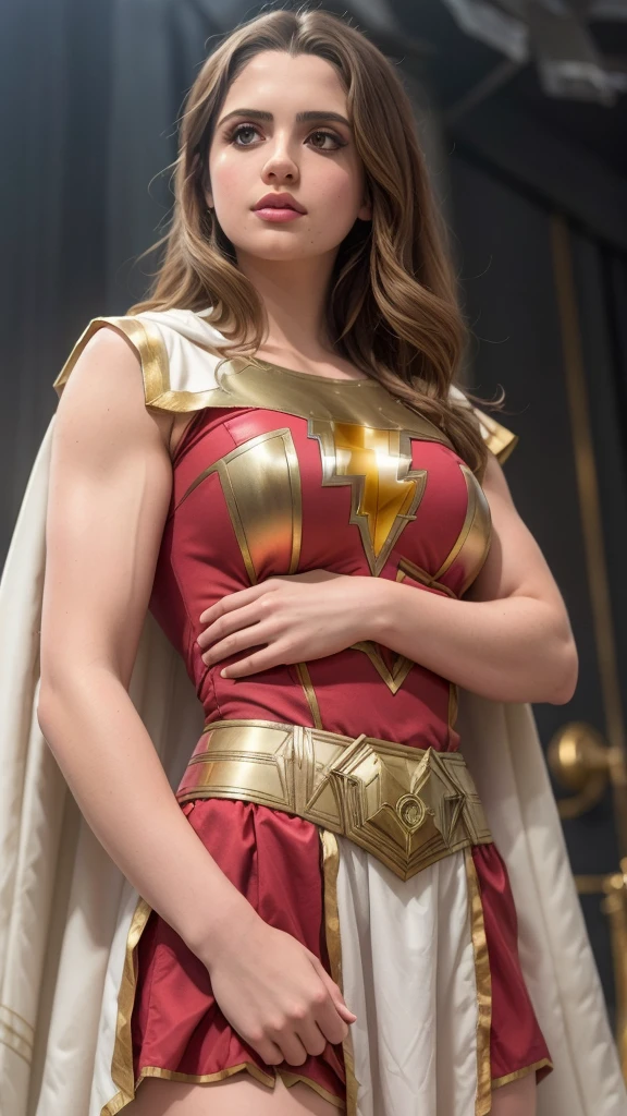 (ultra realistic,32k, masterpiece:1.2),(high detailed skin:1.1),( 8k uhd, dslr, high quality:1.1),muscular jacked Laura Marano, Laura Marano as mary marvel, brown hair, long hair, white cape, red dress, red skirt, short sleeves, bracer ,muscular body,bulging biceps, (huge breast:0.9), (looking at viewer, standing, from below:1.1),,,(dense light rays:1.1),blank background
