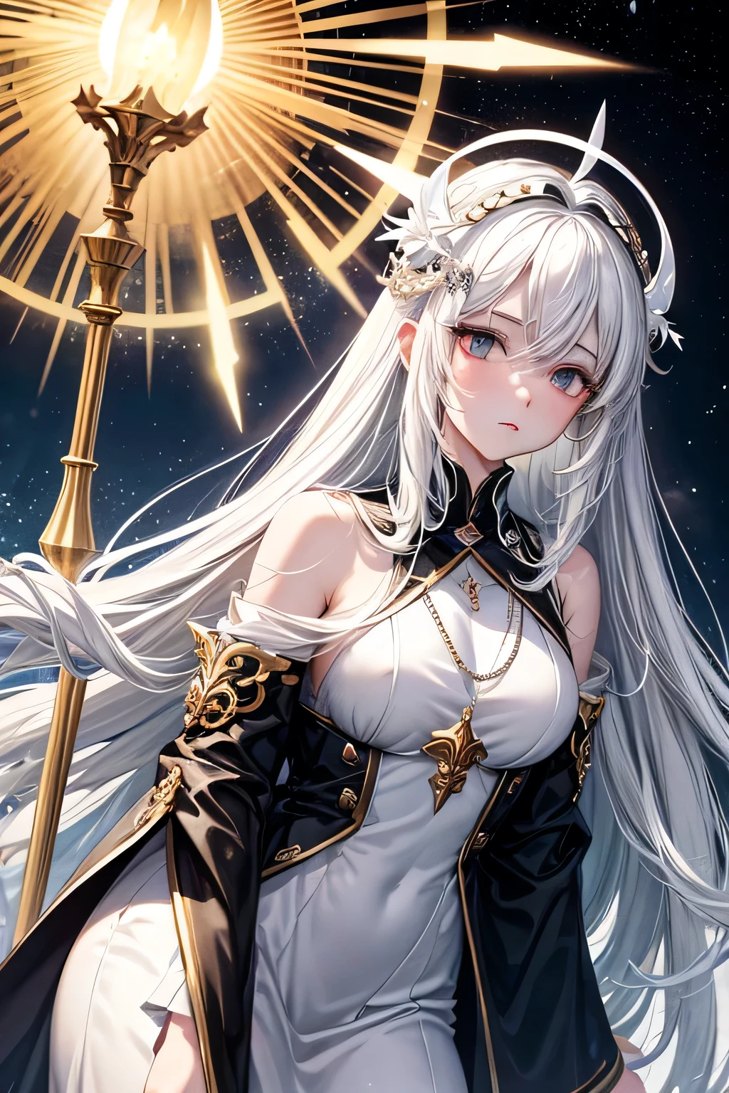 white haired deity, goddess of apathy, a saint's halo, holy aura, celestial theme, black eyes, no blush, stand seriously