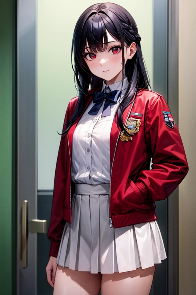 (masterpiece, best quality:1.5), (ultra detailed:1.4), super fine illustration, perfect anatomy, 8k portrait, official art, anime screencap, 
1girl,
Suzune Horikita, 
Suzune Horikita \(youjitsu\),
long hair, braid, 
black hair, 
red eyes, slant eyes, small eyes, 
blue bow, 
BREAK medium breasts, 
red jacket, long sleeves, white skirt, pleated skirt, black thigh-high socks, 
looking at viewer, 
cowboy shot, standing, background of indoor, 
perfect light, 