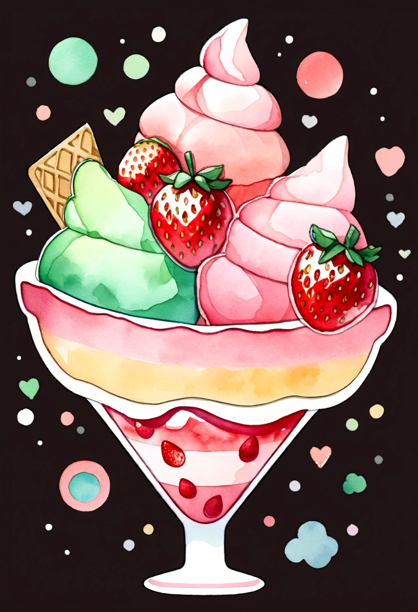 (pastel colour:1.2)、(cute illustration:1.2)、(watercolor painting:1.2)、white background、strawberry ice cream with fresh strawberry chunks sticker、strawberry fruit, ice cream、pale pinkish green throughout、confections, sweet, sticker style, no background, rounded edge, sticker