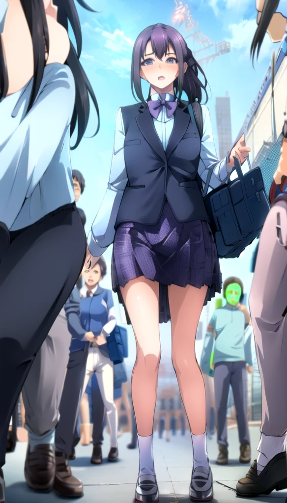 photorealistic, (4k), depth of field, (Masterpiece), (realistic skin texture), extremely detailed, intricate, hyper detailed, professional photography, bokeh, high resolution, sharp detail, best quality, girl, purple hair, ponytail, purple eyes, blue school uniform, skirt, nice hands, perfect hands, twisted torso, dynamic pose, modern city, skyscraper, walking down the street, sunlight, daytime, reflections,