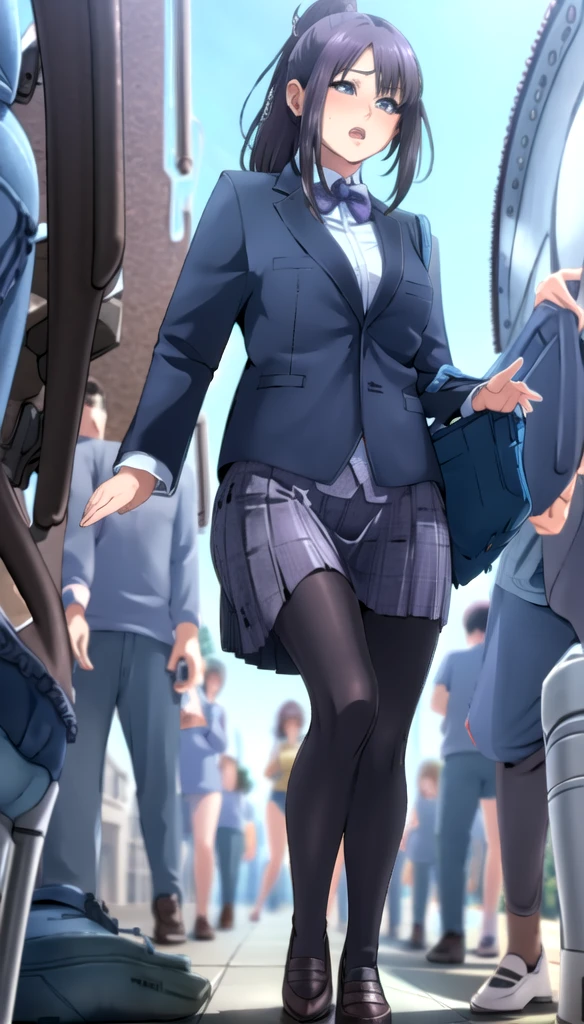 photorealistic, (4k), depth of field, (Masterpiece), (realistic skin texture), extremely detailed, intricate, hyper detailed, professional photography, bokeh, high resolution, sharp detail, best quality, girl, purple hair, ponytail, purple eyes, blue school uniform, skirt, nice hands, perfect hands, twisted torso, dynamic pose, modern city, skyscraper, walking down the street, sunlight, daytime, reflections,