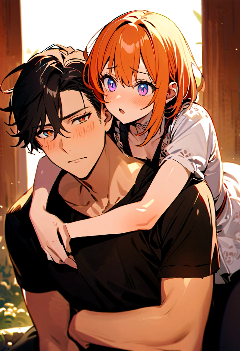 A handsome boy with orange hair and blueyes, hugging a beautiful girl with short white hair and violet eyes, possessively being clingy,the girl blushing from embarrassment,as he buried his face on the crook of her neck, hugging her from behind 