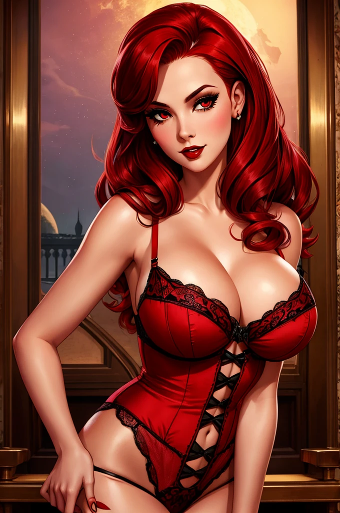 gorgeous woman, lingerie, vintage pin up, vampire, red hair, crypt