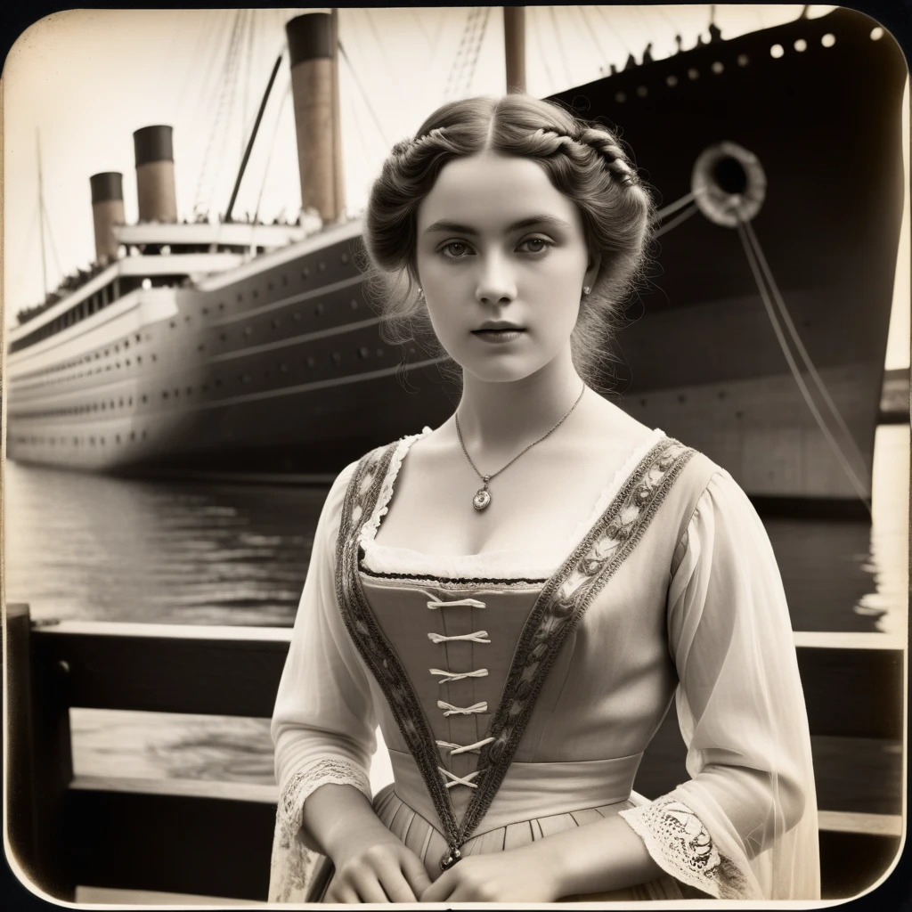 breathtaking, (finely intricate detailed:1.7)(RAW photo:1.3), (big scratches  on parts of the photo:1.8)(light sepia-toned photo) (noisy picture:0.5)    (perfectly designed  hands:1.3),  1912, a young beautiful woman with victorian dress stands at the harbour where Titanic, a giant ship, docking, preparing to sail, busy people working and boarding the ship, , black and white (19 th century daguerreotype photo quality:1.1), ( flash with magnesium:1.6) , photo shoot, pre-raphaelitism, Auguste et Louis Lumière style. hand victorianstyle, Extremely high-resolution details, photographic, realism pushed to extreme, fine texture, incredibly lifelike westworld movie style, award-winning, professional, highly detailed