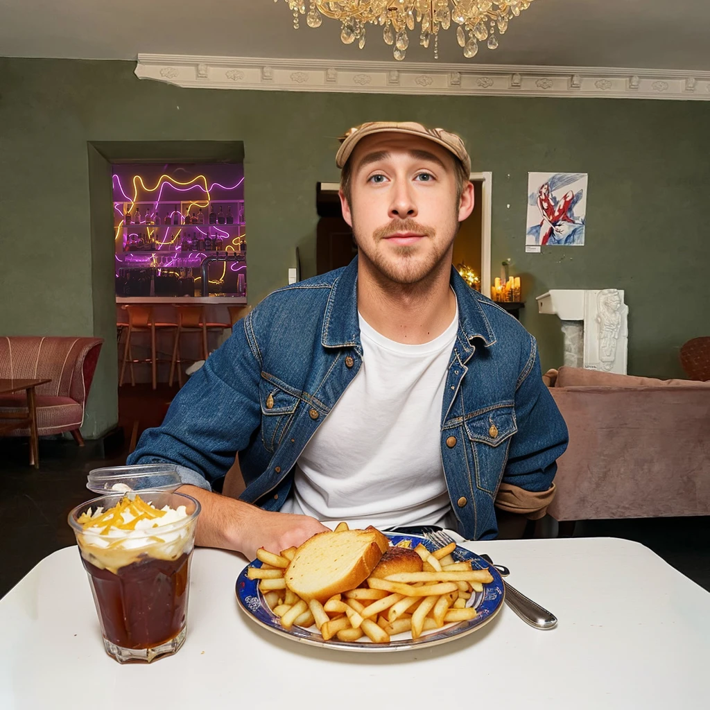 ryan gosling eating behind the table with quebec dish with french fries and cheese, Pork tenderloin with mashed potatoes and turkey sandwich; wide angle front face view