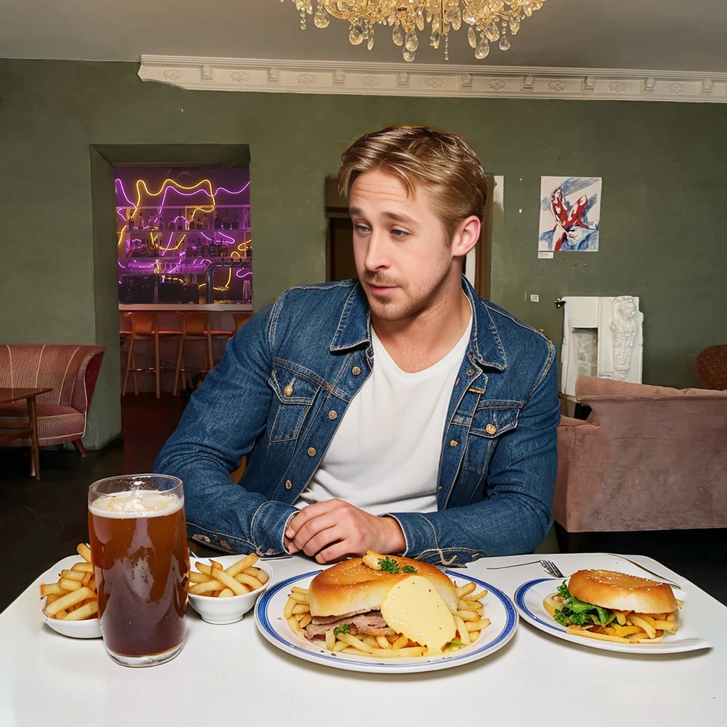 ryan gosling eating behind the table with quebec dish with french fries and cheese, Pork tenderloin with mashed potatoes and turkey sandwich; wide angle front face view