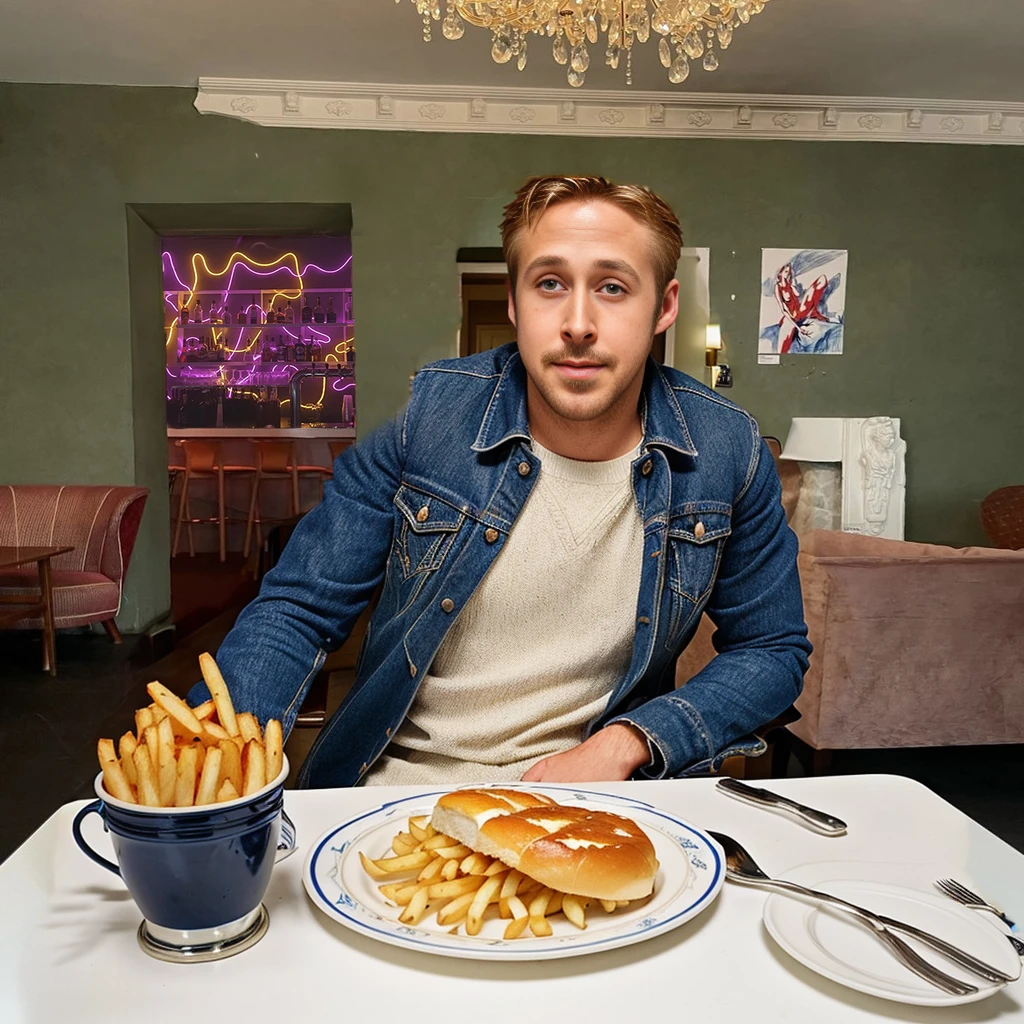 ryan gosling eating behind the table with quebec dish with french fries and cheese, Pork tenderloin with mashed potatoes and turkey sandwich; wide angle front face view