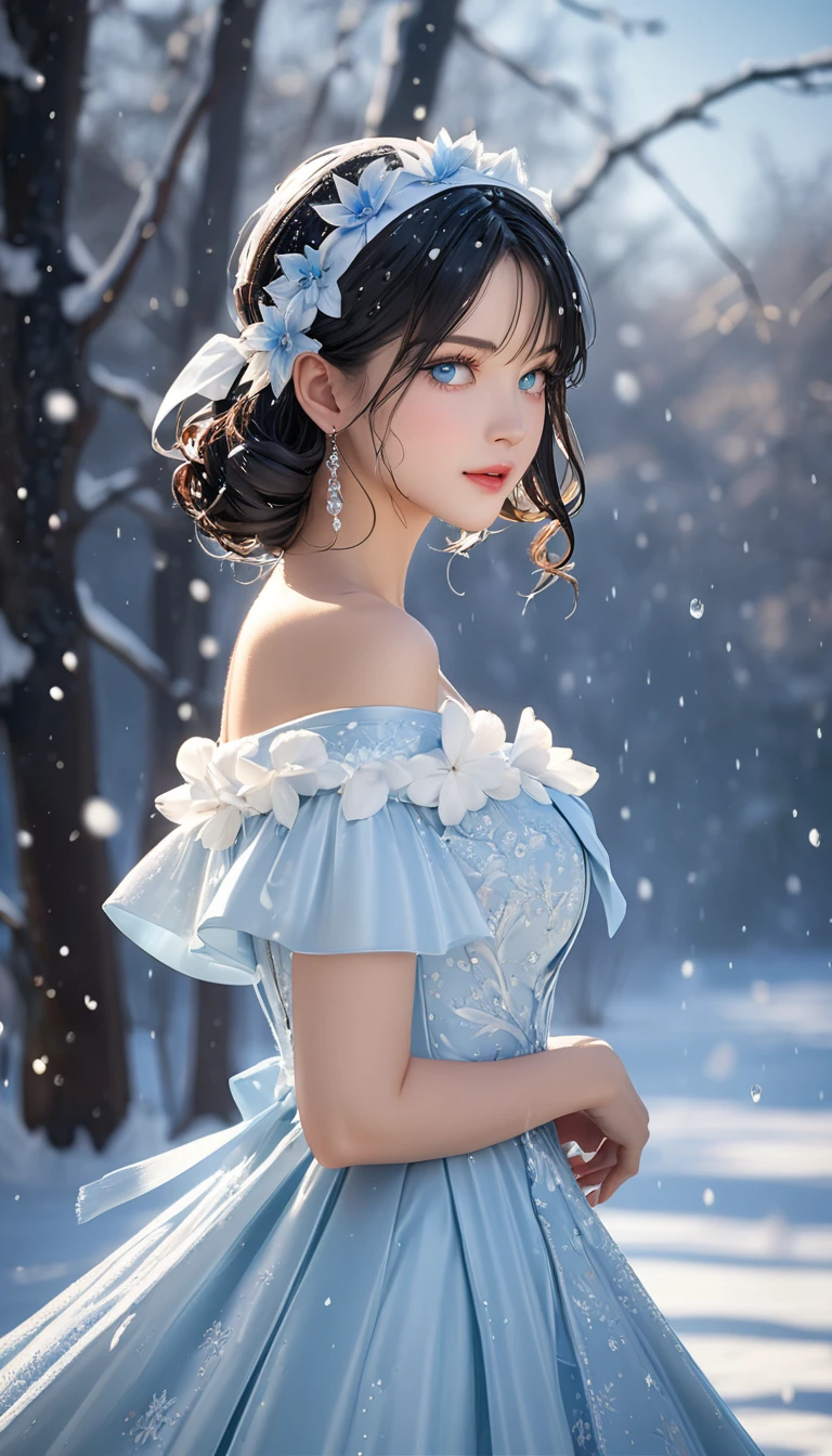 (((masterpiece))),Highest quality,figure,4k wallpaper,Cinema Lighting,Absurd,1 Girl,(snow,ice),snow flower,In winter,Black Hair,Shiny beautiful hair,Long Bob,Medium Hair,curl,Pale blue eyes,Beautiful dress in white,High-class formal dress,Frills,race,Wet clothes,Leave_shoulder,hair band,masterpiece,Absurd,Beautiful Face,Features,Natural light,Soft Light,(Seven-part combination),amazing,Dreamy and magical,mystery,