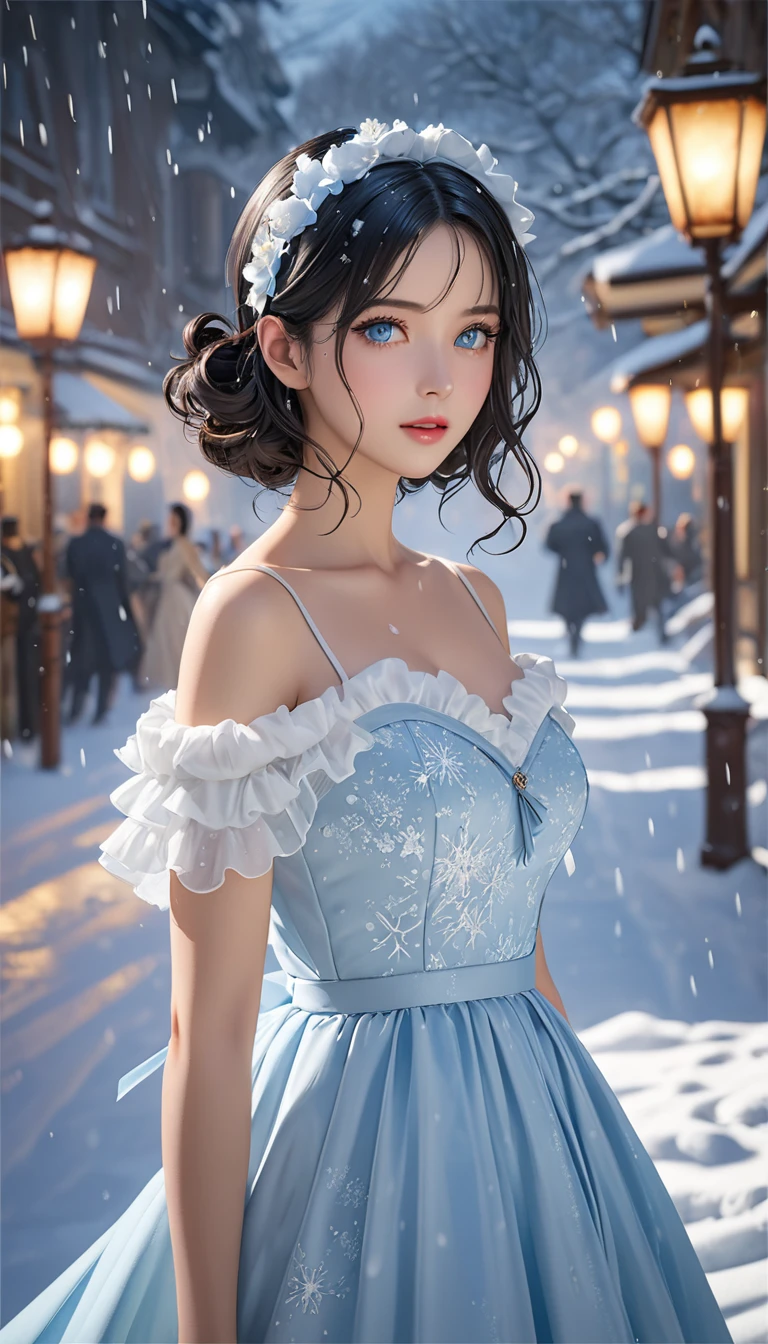(((masterpiece))),Highest quality,figure,4k wallpaper,Cinema Lighting,Absurd,1 Girl,(snow,ice),snow flower,In winter,Black Hair,Shiny beautiful hair,Long Bob,Medium Hair,curl,Pale blue eyes,Beautiful dress in white,High-class formal dress,Frills,race,Wet clothes,Leave_shoulder,hair band,masterpiece,Absurd,Beautiful Face,Features,Natural light,Soft Light,(Seven-part combination),amazing,Dreamy and magical,mystery,