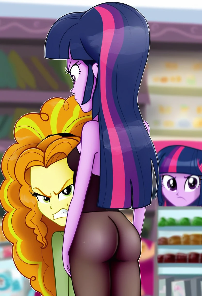 Eqg Twilight sparkle bodystocking  adagio . Angry adagio is standing in the store and Twilight Sparkle is touching her butt