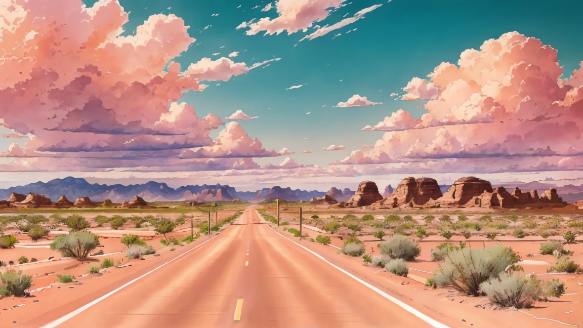 painting of a dirt road with a dirt road leading to a desert area, conceptual art. scenic background, fluffy pink clouds, red sky, road!!!, beautiful puffy clouds. beautiful scene, landscape, concept art