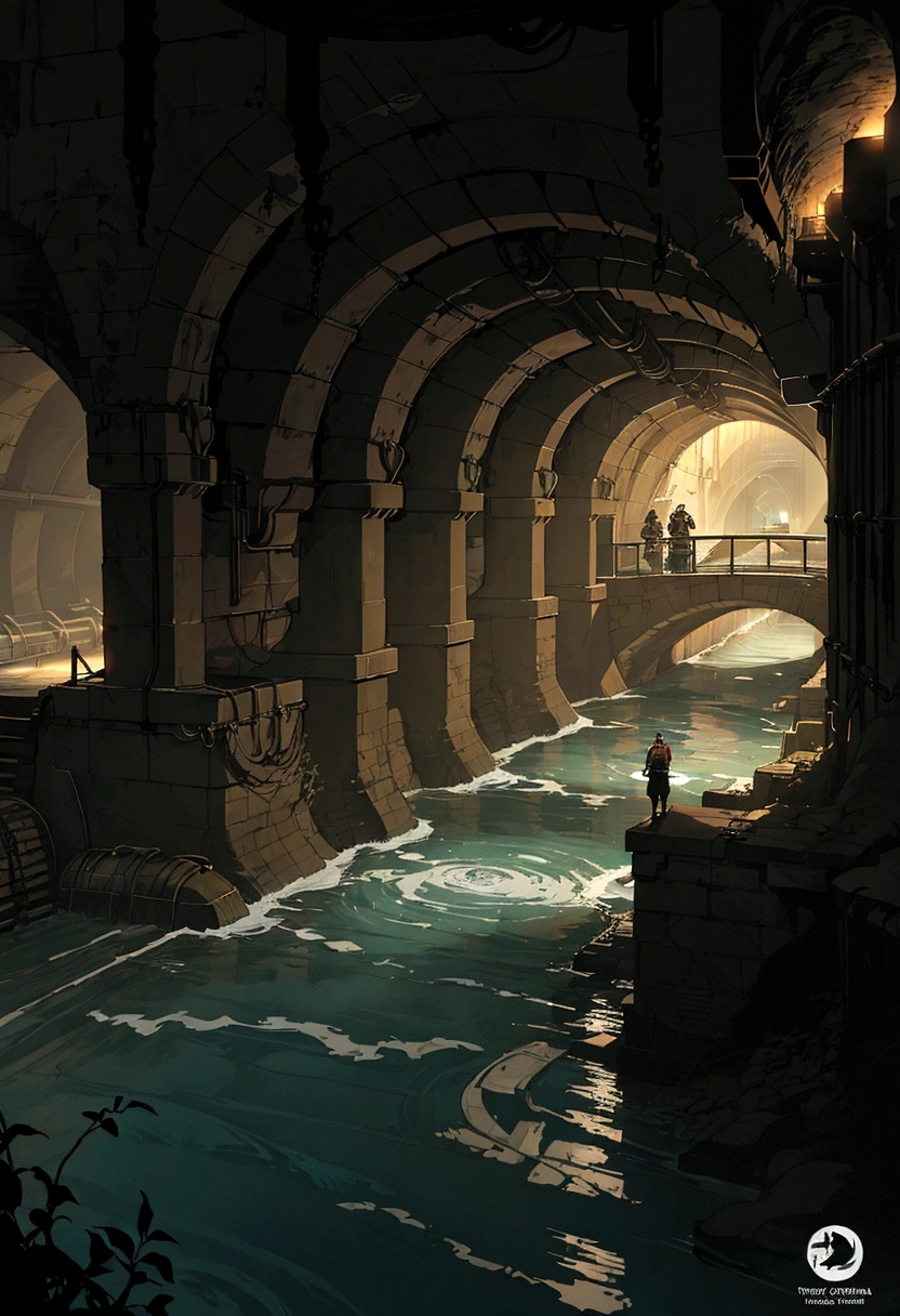 a dimly lit tunnel with a river running through it, sewers, sewer, down in the sewers of london, water flowing through the sewer, sewer background, twisted waterway, sewage, canal, tunnels, underground lake, in a massive cavernous iron city, metal towers and sewers, like a scene from blade runner, tunnels lead to different worlds