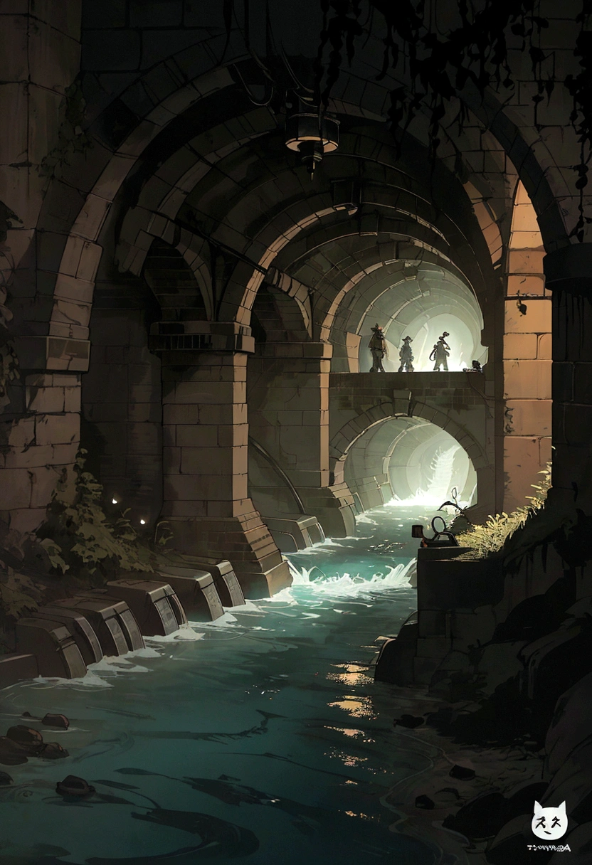 a dimly lit tunnel with a river running through it, sewers, sewer, down in the sewers of london, water flowing through the sewer, sewer background, twisted waterway, sewage, canal, tunnels, underground lake, in a massive cavernous iron city, metal towers and sewers, like a scene from blade runner, tunnels lead to different worlds