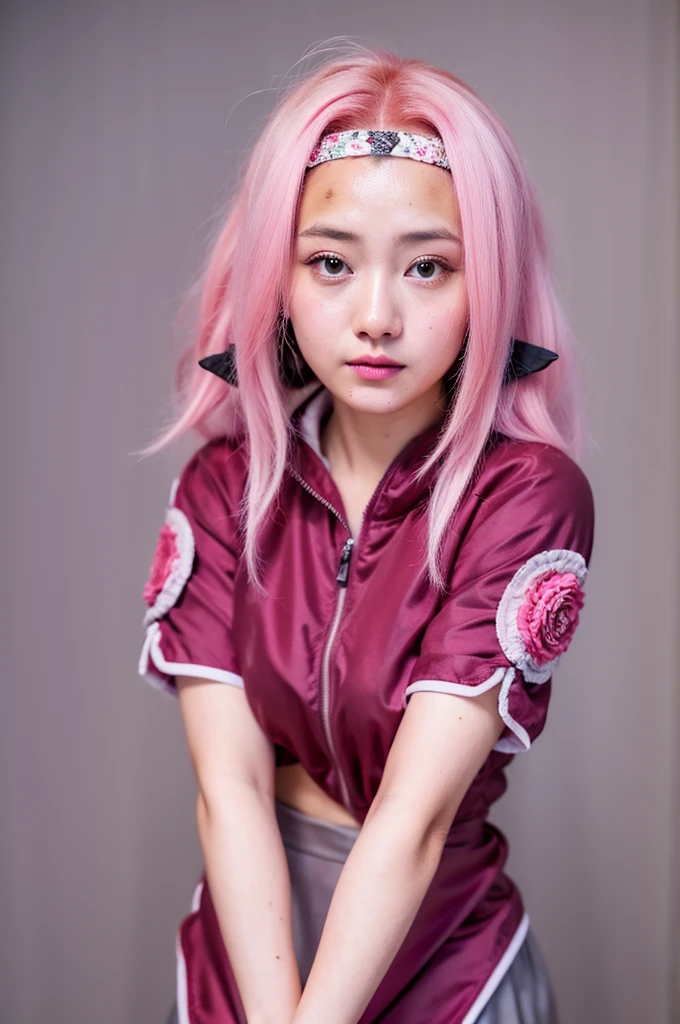 arafed woman with pink hair and a pink top posing for a picture, haruno sakura, sakura haruno, anime girl cosplay, anime cosplay, sakura haruno in slug sage mode, professional cosplay, full-cosplay, anime girl in real life, with pink hair, cosplay, ayaka cosplay, realistic cosplay, anime inspired, anime character, (highly detailed face:1.4) (smile:0.7) (background inside dark, moody, private study:1.3) POV, by lee jeffries, nikon d850, film stock photograph ,4 kodak portra 400 ,camera f1.6 lens ,rich colors ,hyper realistic ,lifelike texture, dramatic lighting , cinestill 800