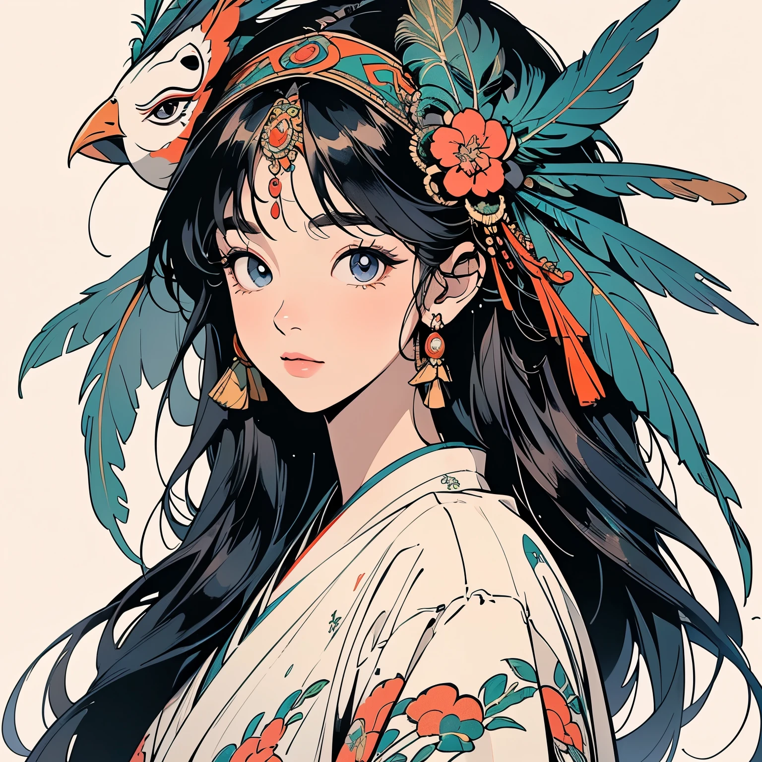 kimono, 完璧なkimono, 詳細なkimono, first-class, Super detailed, White background only, (((Super detailedな装飾))),One Woman, Perfect Face, Faint lighting, (((head shot))), Super detailedな髪、(((Sparkling Eyes))),mysterious, The wind is blowing, Panorama, Long Shot, (((Beautiful narrow-eyed monster))),(((Indian feather headdress))),Upper Body,(((Wearing a bird head mask on his head)))、Detailed face、Best quality face、Large feather ornament,peacock feathers、Japanese pattern background