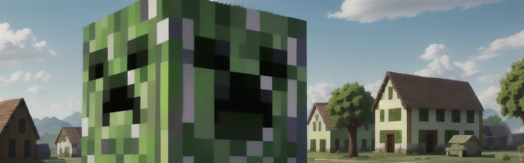 giant creeper in a small village, high detail, sharp focus, full body, photorealistic, hdr
