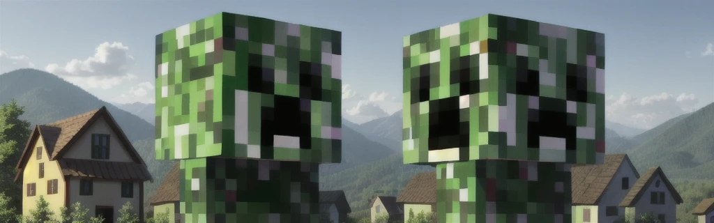 giant creeper in a small village, high detail, sharp focus, full body, photorealistic, hdr