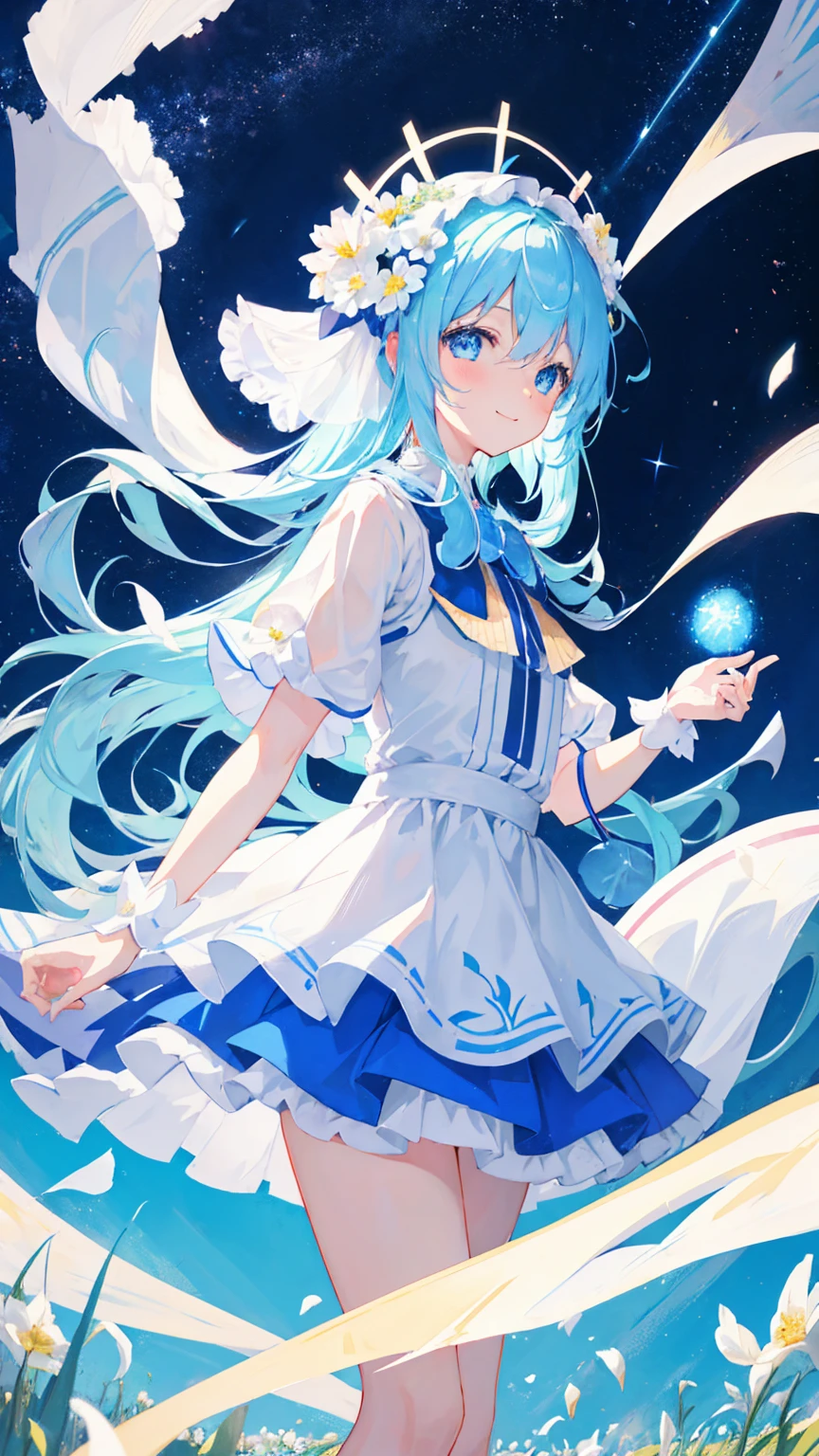 Anime Girl,light blue hair,blue eyes,White裙子,White,Flower headdress,Standing in the flower field,Smile,Starry sky background,Popular topics on artstation pixiv, Digital Art on pixiv, anime art wallpaper 8 k, Anime Art Wallpaper 4k, Anime Art Wallpaper 4K, Top rated on Pixiv, Beautiful anime artwork, Pixiv competition winner,(Multi-angle)