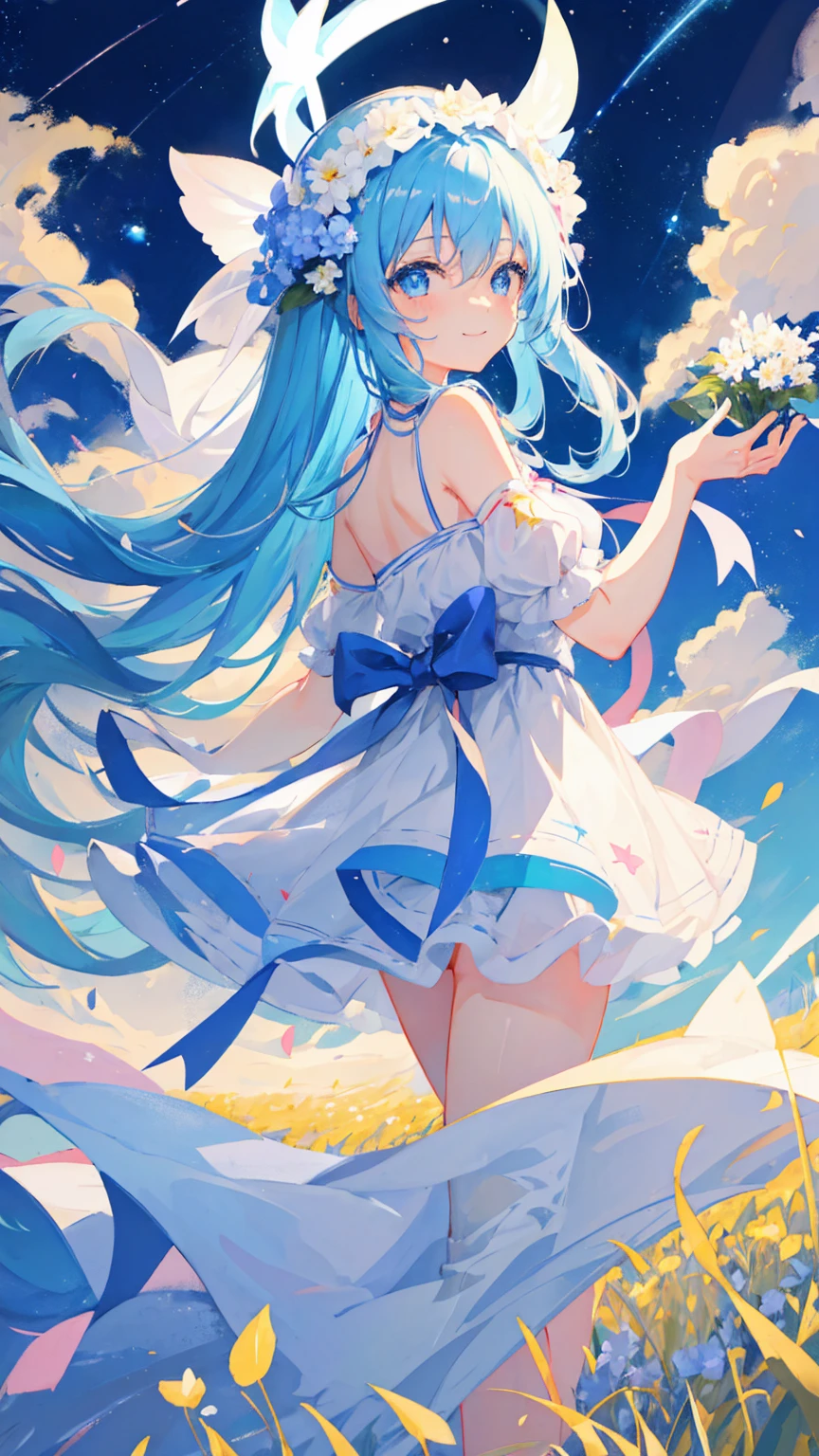 Anime Girl，light blue hair，blue eyes，White裙子，White，Flower headdress，Standing in the flower field，Smile，Starry sky background，Popular topics on artstation pixiv, Digital Art on pixiv, anime art wallpaper 8 k,  Anime Art Wallpaper 4k, Anime Art Wallpaper 4K, Top rated on Pixiv, Beautiful anime artwork, Pixiv competition winner，（Multi-angle）