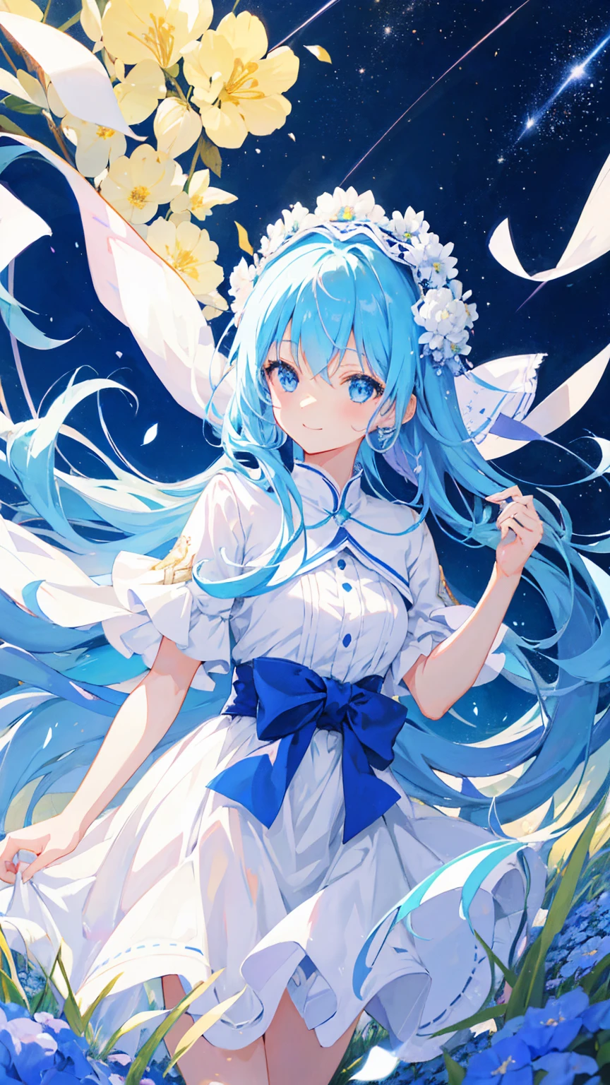 Anime Girl，light blue hair，blue eyes，White裙子，White，Flower headdress，Standing in the flower field，Smile，Starry sky background，Popular topics on artstation pixiv, Digital Art on pixiv, anime art wallpaper 8 k,  Anime Art Wallpaper 4k, Anime Art Wallpaper 4K, Top rated on Pixiv, Beautiful anime artwork, Pixiv competition winner，（Multi-angle）