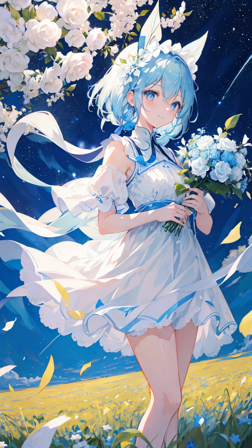 Anime Girl，light blue hair，blue eyes，White裙子，White，Flower headdress，Standing in the flower field，Smile，Starry sky background，Popular topics on artstation pixiv, Digital Art on pixiv, anime art wallpaper 8 k,  Anime Art Wallpaper 4k, Anime Art Wallpaper 4K, Top rated on Pixiv, Beautiful anime artwork, Pixiv competition winner，（Multi-angle）