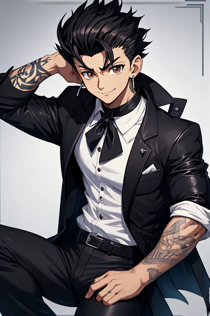 1man, young man, brown skin, brown eyes, mischievous smile, curly mid-long hair, black hair, wolfcut hairstyle, formal outfit, white shirt with rolled up sleeves, white shirt top buttons open, tattooed forearms, black kerchief around neck, black suit pants, black leather belt with silver buckle, black suit jacket, jacket over shoulders like a cape, black leather boots with silver buckles, silver rings on fingers, three silver earrings on right ear, no white skin, hunterxhunter anime style