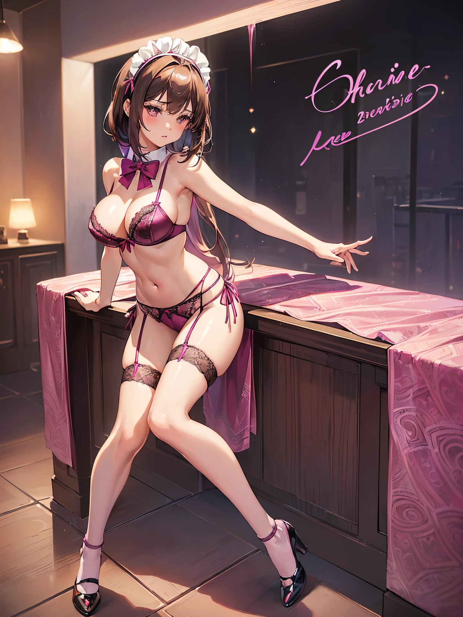 (((masterpiece, Highest quality, High resolution, 超High resolution, Perfect Pixel, Depth of written boundary, 4K, RTTX 10.0))), Beautiful Anime Women, Beautiful art style, Anime characters, ((Smooth texture, Realistic texture, Anime CG Style)), Exact finger count、Exact number of legs、(Exact number of arms:1.0, Exact number of hands:1.0), (Perfect hands, Perfect Anatomy), Cinematic, Realistic, Extremely detailed CG, Daytime lighting, Perfect lighting, Best Shadow, The best natural light, whole body, Perfect body, (Slender body:1.2), ((Long Hair, bangs, Dark brown hair, Stylish hairstyle, Bobcut)), ((二人のcute女性はセクシーに飲み物を運んでいる:1.6)), ((Alone:1.0)), beauty, cute, ((Bow tie around neck, High heels:1.3), (セクシーでcuteマゼンタ下着:1.3), (Stylish shiny magenta satin panties, Side-tie panties:1.3), (Thin panties:1.3), (Magenta Micro Lace Satin Bra, Thin bra:1.3), (garter belt, Knee socks:1.3):1.3), (beautiful and very large breasts:1.2), (Beautiful and thin thighs:1.3), (Short torso:1.3), Feeling embarrassed, (blush:1.2), (Very embarrassed look:1.4), (Cabaret Club, Inside the bar, Carry drinks, A busy store, Chair, table:1.3), naked, In underwear, Waitress in underwear, (Maid Headband:1.2), whole body, Angle from the front