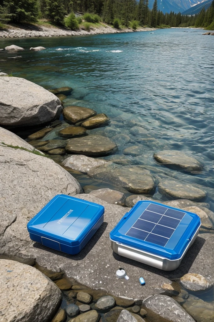 A portable water purification device called AquaPurifier. The device has a cylindrical design, similar to a water bottle, with a transparent blue main body and a silver colored lid. Inside the main body, you can see several layers of advanced filters that purify the water. At the top of the cap, there is a small square solar panel to charge the device. AquaPurifier is placed on a rock next to a crystal clear river in a natural environment, with mountains and trees in the background. A person fills the bottle from the river, showing its use outdoors."