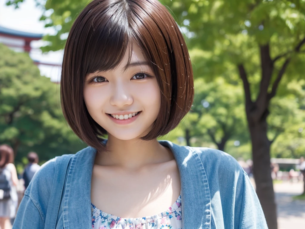 (best quality:1.2), masterpiece, Realistic, Ultra-high resolution, (((1 Japanese woman:1.2))), 17 years old, Bobcut, smile, Park during the day