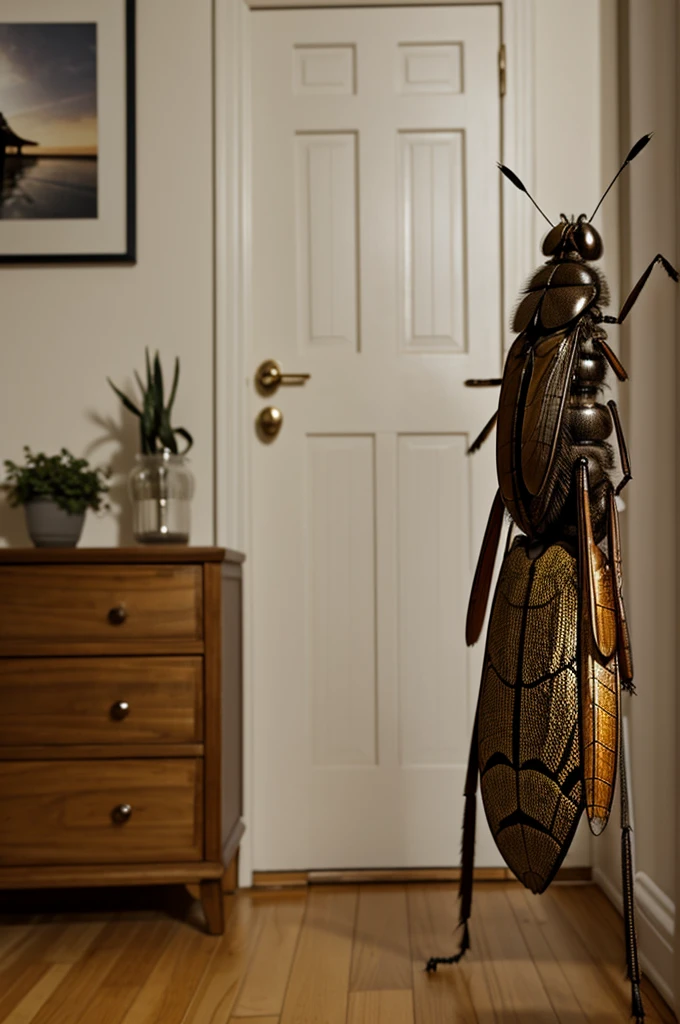 A large insect listening to its human family in a room