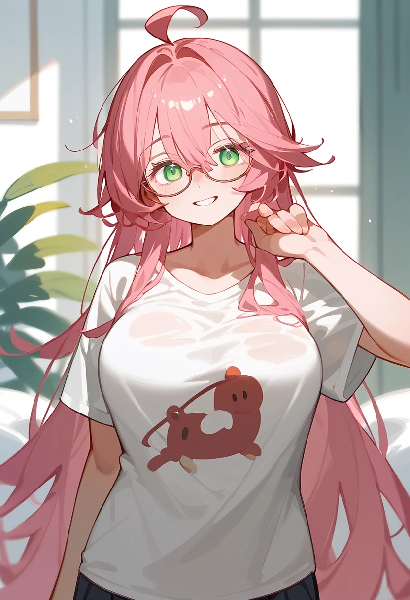 One Woman、Big Breasts、Pink Hair、Long Hair、Straight Hair、Ahoge、Kind older sister、Pink small glasses、Green Eyes、smile、Droopy eyes、Background home bedroom、Baggy T-shirt、Teaching study