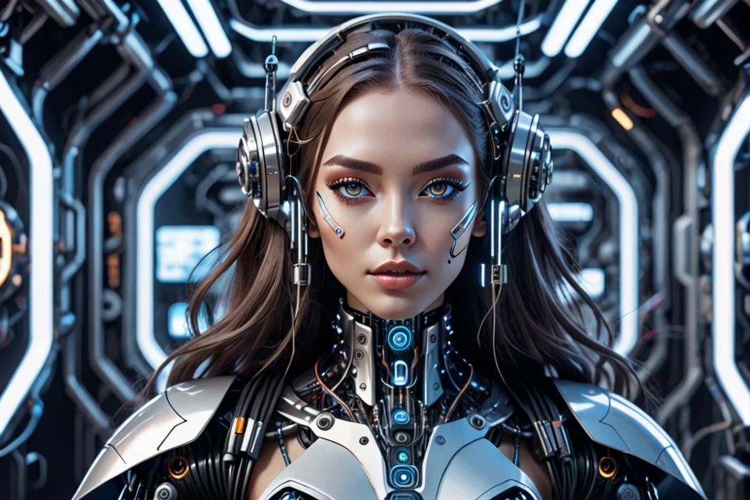 "A futuristic female cyborg with a beautiful, friendly face, designed for a lo-fi music YouTube channel background. She has a Russian-like appearance with long hair, large eyes, a high nose, and a wide mouth. Her body seamlessly integrates mechanical and organic elements, with sleek metal parts, glowing accents, and visible circuitry. Her proportions are perfect, highlighting her advanced design. She is engaging in various gestures, exuding warmth and relatability. The background is a futuristic setting that complements her advanced technology. The overall atmosphere is calm and inviting, ideal for a lo-fi music channel."
