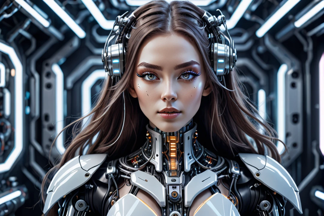 "A futuristic female cyborg with a beautiful, friendly face, designed for a lo-fi music YouTube channel background. She has a Russian-like appearance with long hair, large eyes, a high nose, and a wide mouth. Her body seamlessly integrates mechanical and organic elements, with sleek metal parts, glowing accents, and visible circuitry. Her proportions are perfect, highlighting her advanced design. She is engaging in various gestures, exuding warmth and relatability. The background is a futuristic setting that complements her advanced technology. The overall atmosphere is calm and inviting, ideal for a lo-fi music channel."