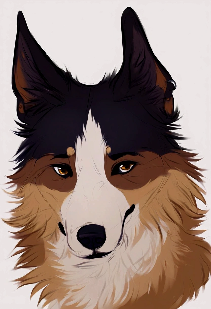 A Border Collie dog in an a white background, no details, just a white background. The Dog is looking at the camera, with its ears pricked, in a natural dog position.