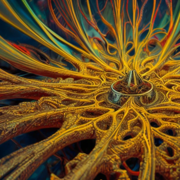 an intricate neural system made of chromed steel, titanium, vanadium and iron, dominant yellow and orange color tonality, growing on a fractal background, brilliant colours, masterpiece, highly detailed, 4k resolution, 3d modelling, digital art, abstract art
