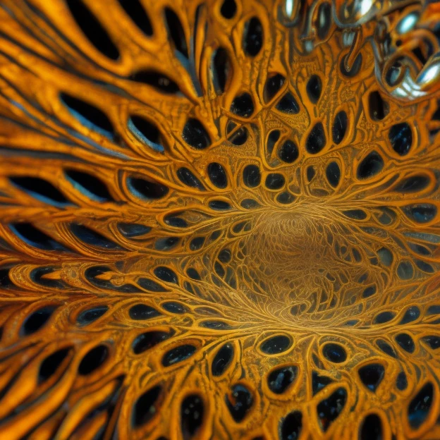  an intricate neural system made of chromed steel, titanium, vanadium and iron, dominant yellow and orange color tonality, growing on a fractal background, brilliant colours, masterpiece, highly detailed, 4k resolution,  3d modelling, digital art, abstract art