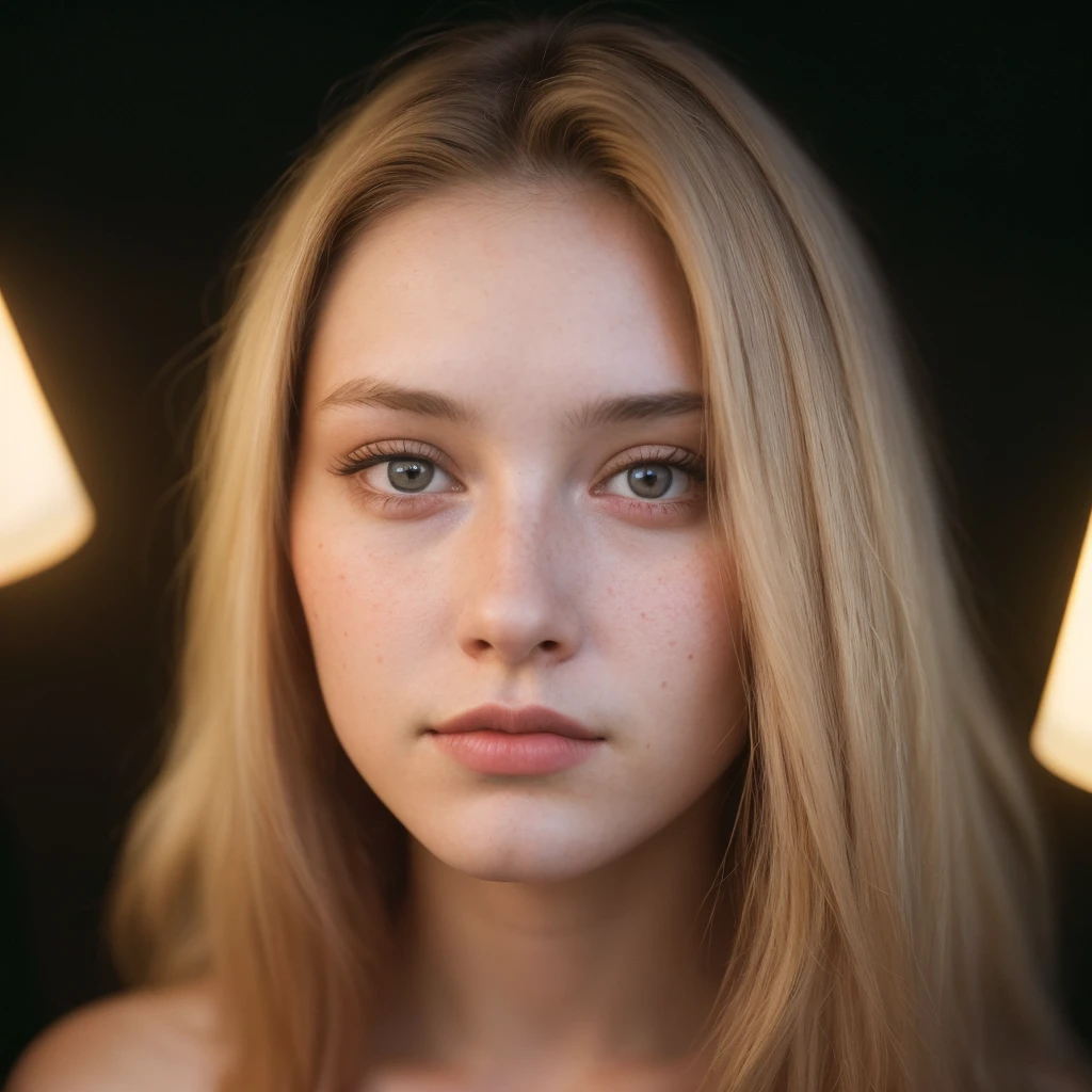 (close-up, editorial photograph of a 21 year old woman), (highly detailed face:1.4) (smile:0.7) (background inside light, warm, private study:1.3) POV, by lee jeffries, nikon d850, film stock photograph ,4 kodak portra 400 ,camera f1.6 lens ,rich colors ,hyper realistic ,lifelike texture, dramatic lighting , cinestill 800, showing full realistic face infront of camera Blonde and smile 